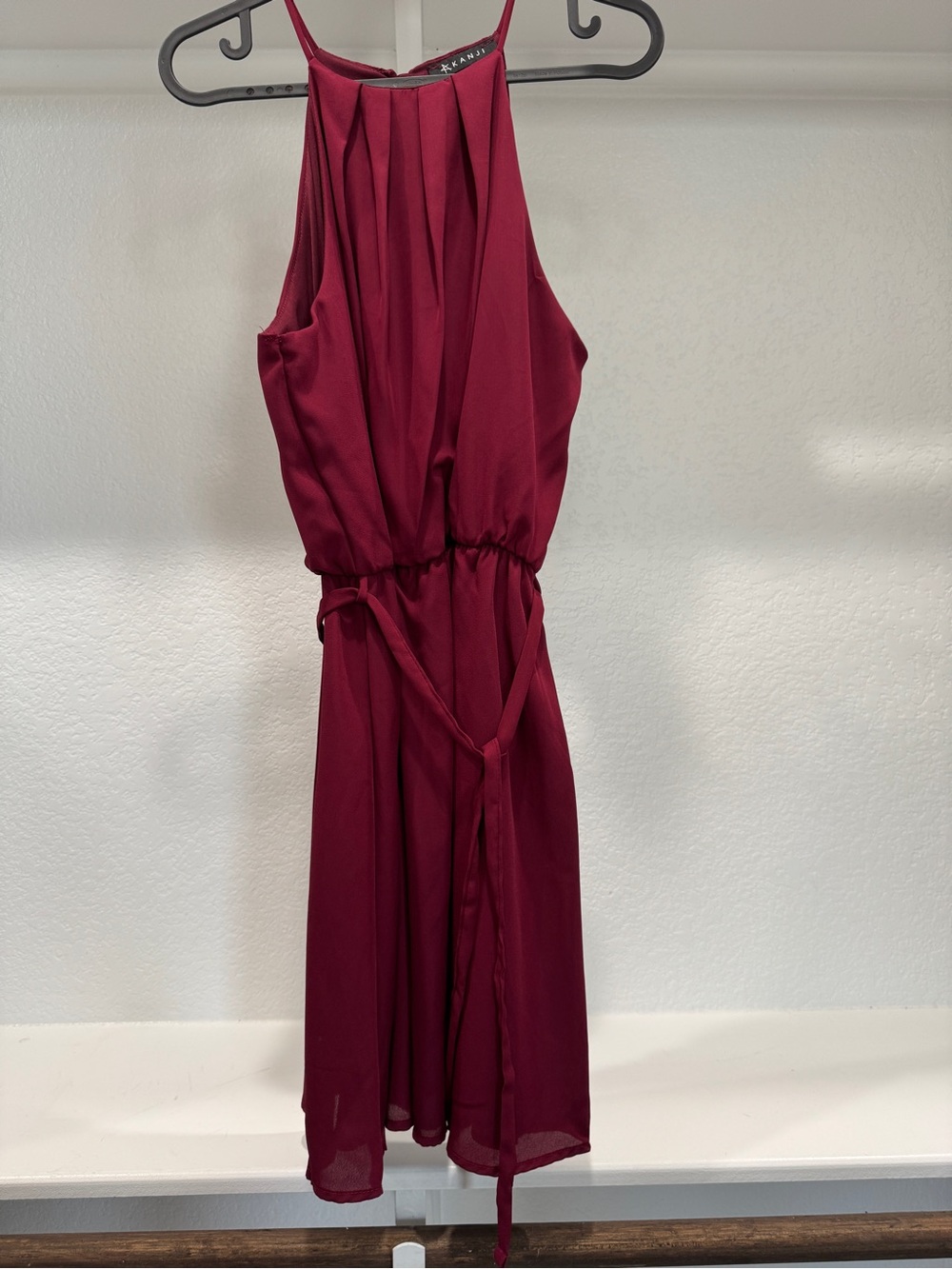 Sleeveless Burgundy Halter Dress with Waist Tie, size medium
